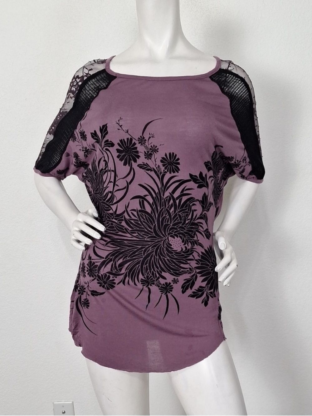 Free People Purple Black Floral Whimsigoth Bikercore Sheer Back Blouse Size S